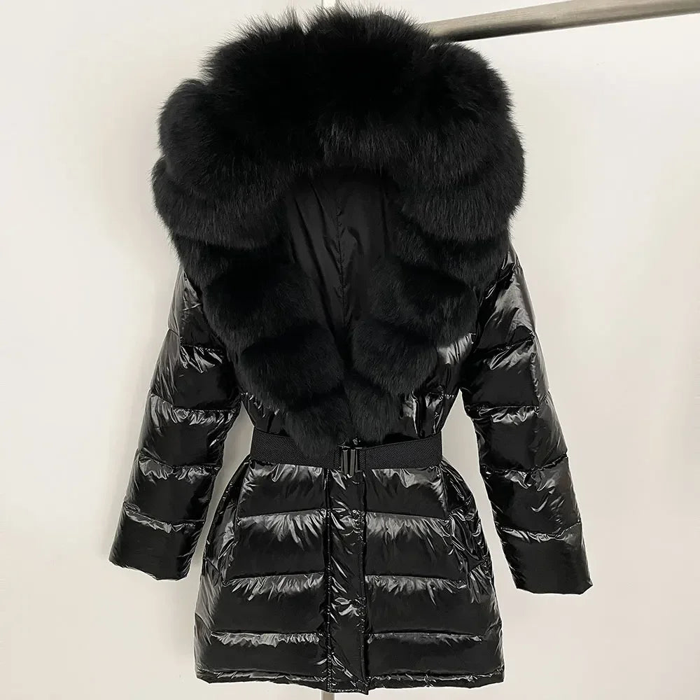Black puffer jacket with large fur hood