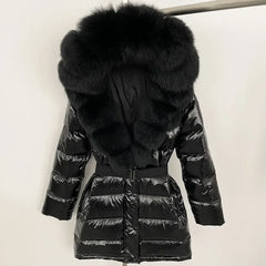 Black puffer jacket with large fur hood