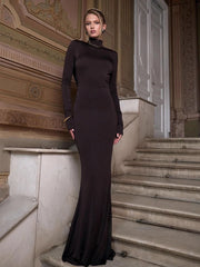Turtleneck Backless Draped Maxi Dress