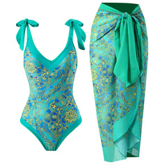 Tie-Strap V-Neck One-Piece Swimsuit with Matching Sarong Set