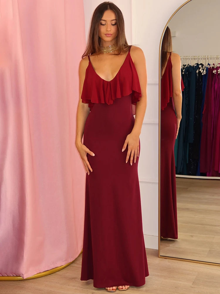 Burgundy V-neck ruffle overlay column maxi dress