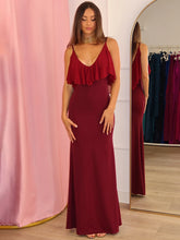 Burgundy V-neck ruffle overlay column maxi dress