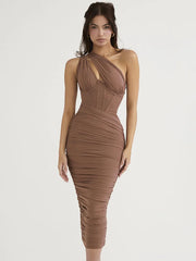 Ruched corset-style midi dress with a diagonal neckline