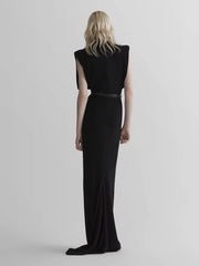 Black turtleneck padded shoulder maxi dress back view