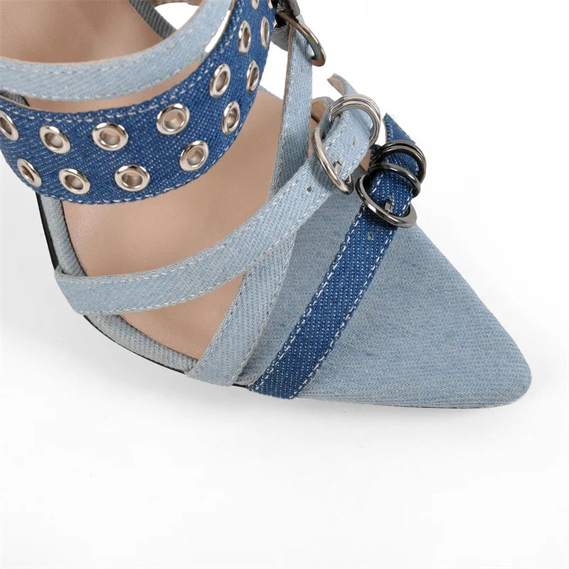 Close-up of denim sandal straps and buckle detail