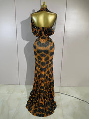 Leopard print embellished V-neck gown back view