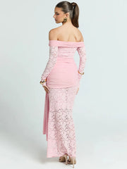 Woman wearing a pink off-shoulder lace dress