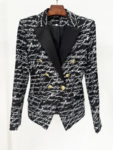 Love letter print double-breasted blazer displayed on a hanger.