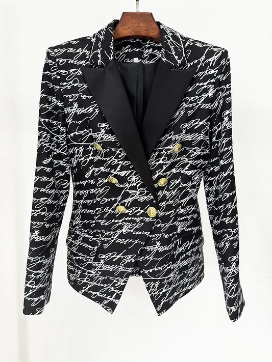 Love letter print double-breasted blazer displayed on a hanger.