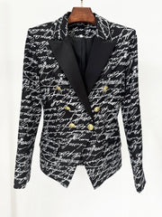 Love letter print double-breasted blazer displayed on a hanger.