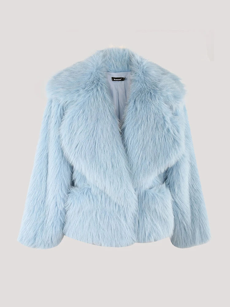 Sky blue fluffy shawl collar jacket