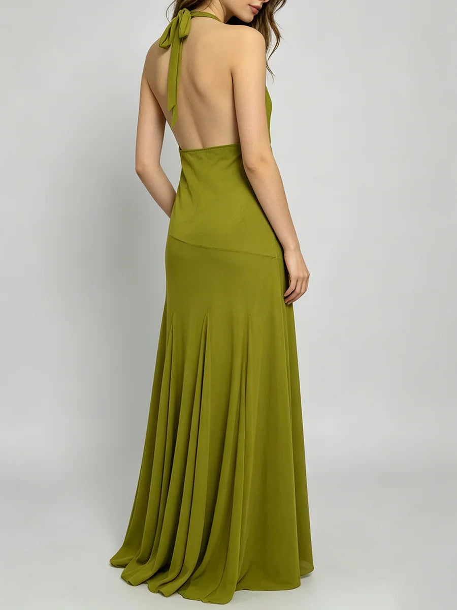 Back view of halter neck maxi dress with flowing skirt