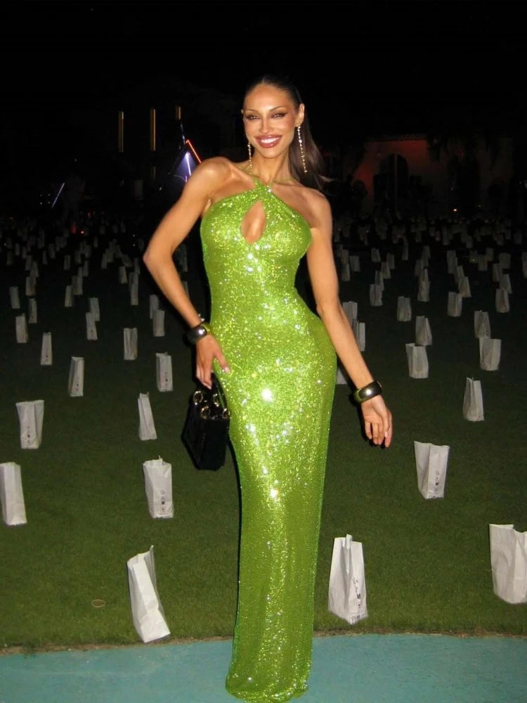 Green rhinestone halter neck maxi dress