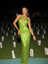 Green rhinestone halter neck maxi dress