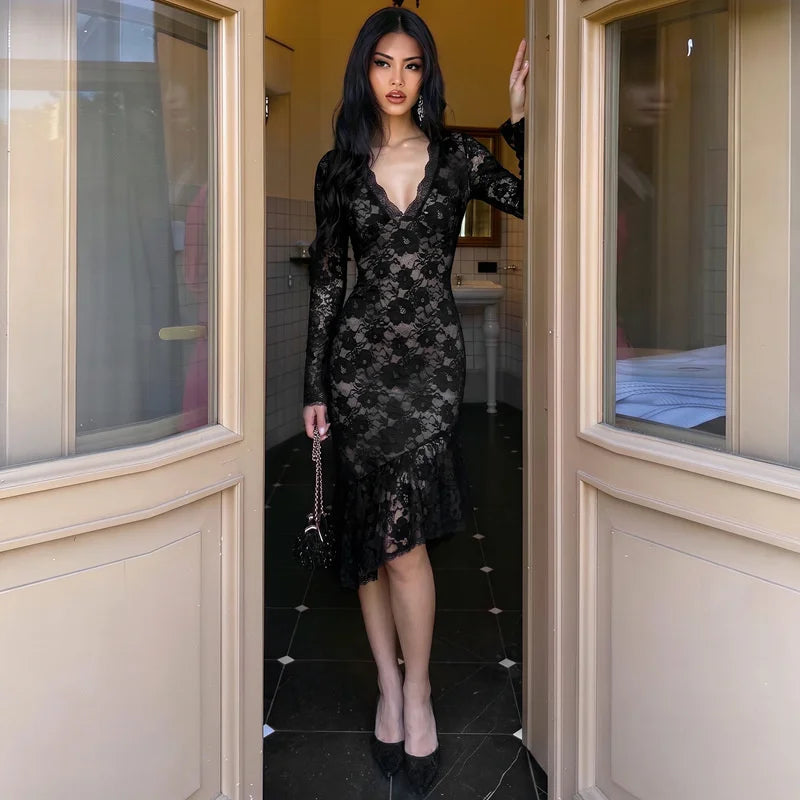 Floral lace v-neck midi dress with long sleeves