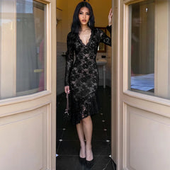 Floral lace v-neck midi dress with long sleeves