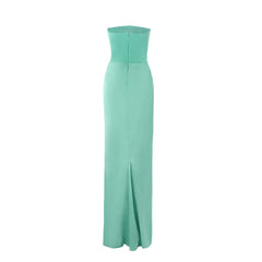 Mint green strapless gown on a white background