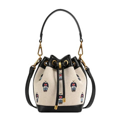 Embroidered Bear Canvas Drawstring Bucket Bag