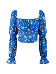 Square neck tie-front puff sleeve blouse with floral print in blue