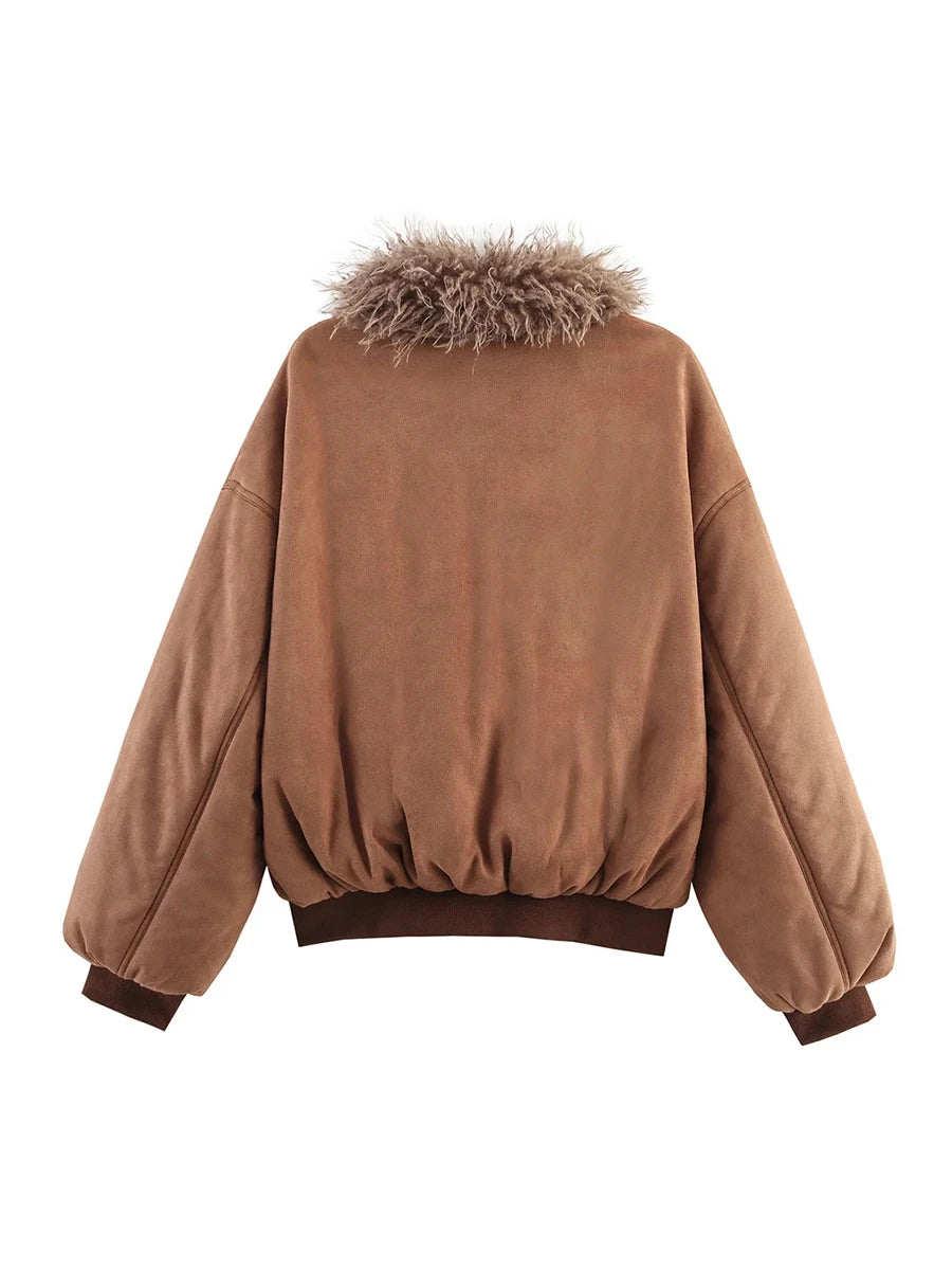Brown jacket with fur hood- back