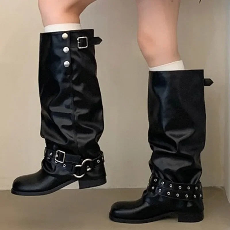 Foldable snap button knee-high boots with round toe and medium heel