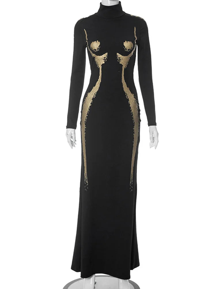Black dress with gold accents on a white background