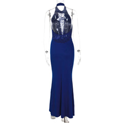 Blue evening gown with silver embellishments on a mannequin against a white background
