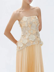 Peach Floral Embroidered Strapless Top and Pleated Maxi Skirt Set