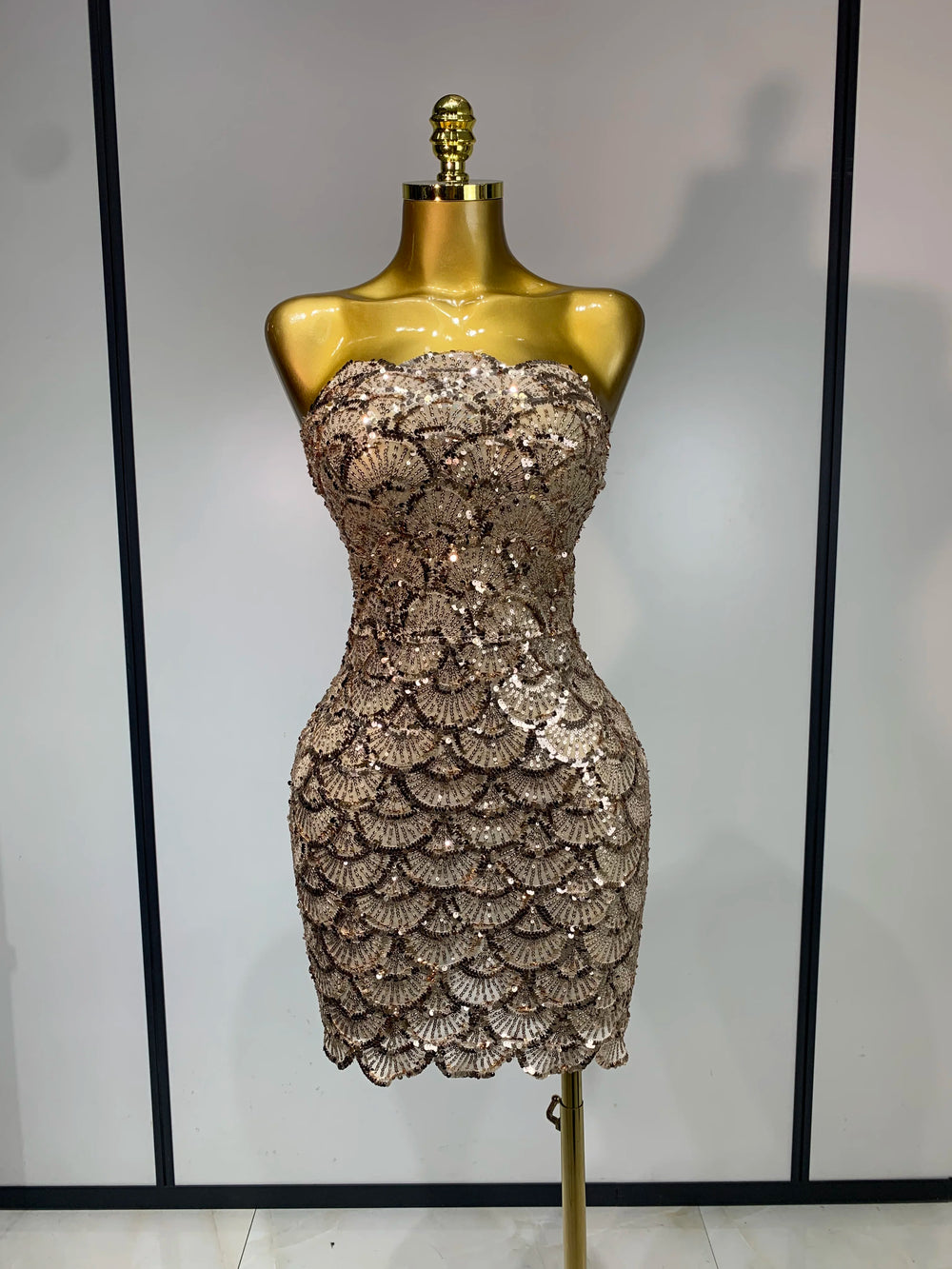 Strapless sequin scallop mini dress in champagne