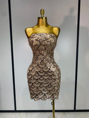 Strapless sequin scallop mini dress in champagne