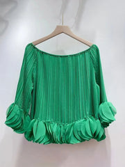 Pleated Off Shoulder Petal Hem Long Sleeve Top