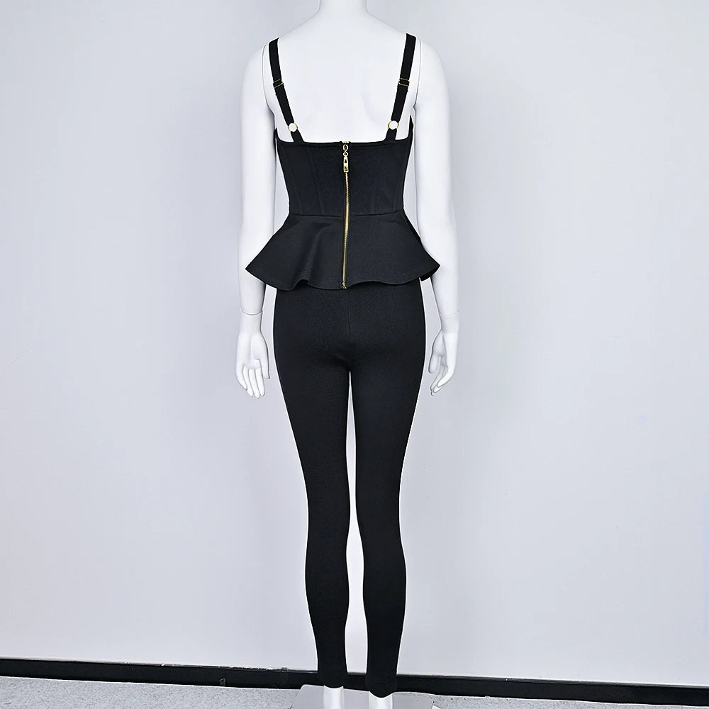 Black jumpsuit with peplum top on a mannequin against a white background