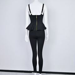 Black jumpsuit with peplum top on a mannequin against a white background