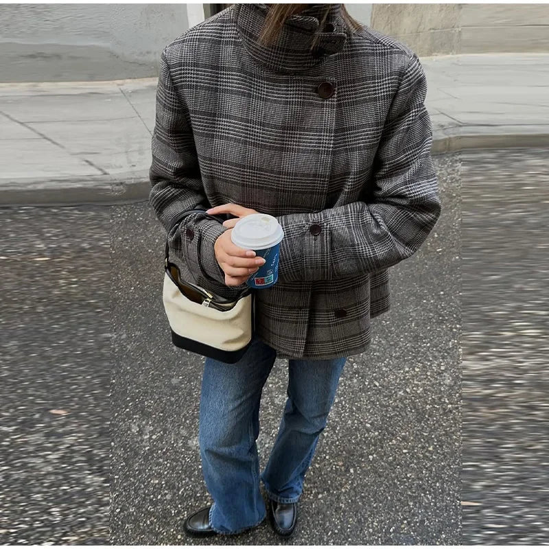 Plaid stand collar jacket with double-breasted closure