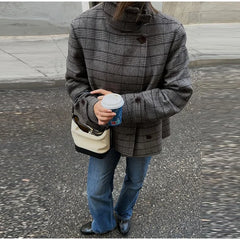 Plaid stand collar jacket with double-breasted closure