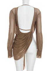 Mesh Draped Plunge Neck Long Sleeve Top