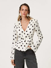White Polka Dot Long Sleeve Button Satin Top