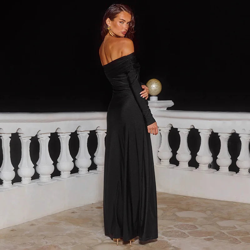 floor length black gown with off shoulder neckline