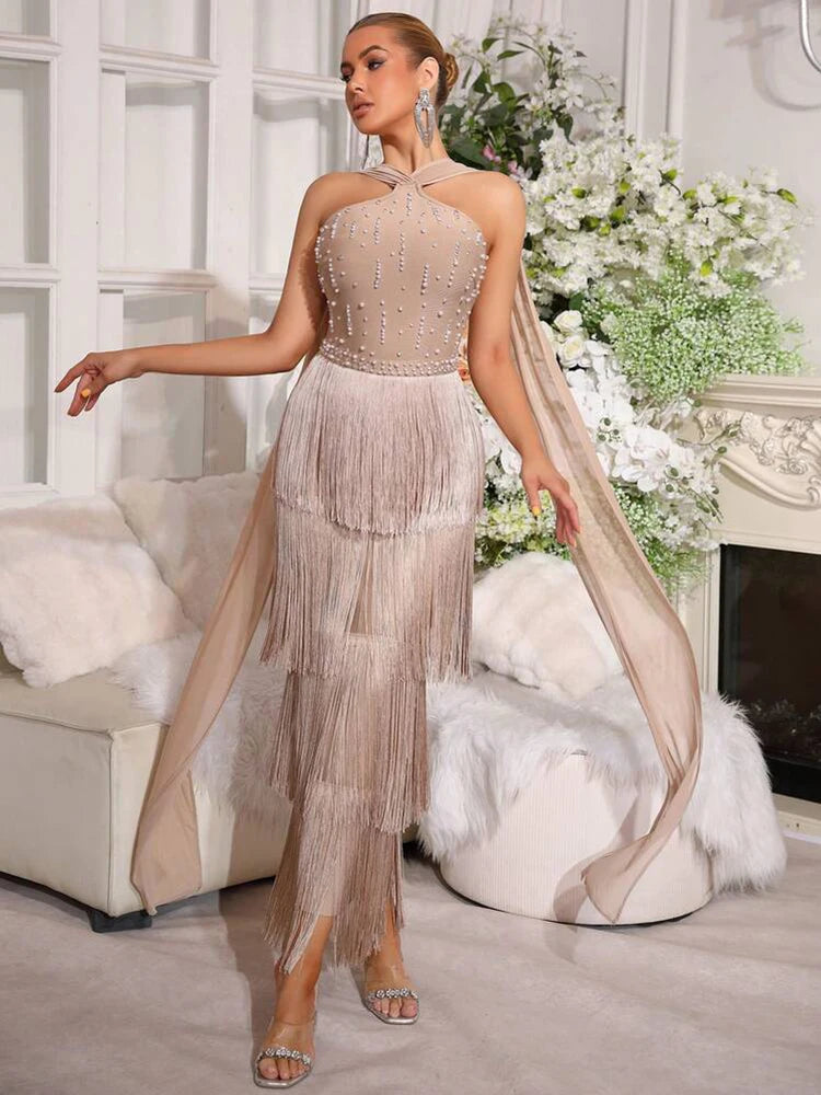 Beaded halter neck fringed column dress with draped detailing