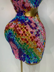 Colourful Diamond Backless Side Cut Out Mini Dress