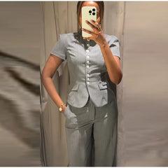 Short Sleeve Pinstripe Fitted Blazer and Wide Leg Pants Two-Piece Set