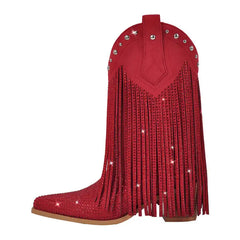 Red cowboy boot with fringes and studded details on a white background