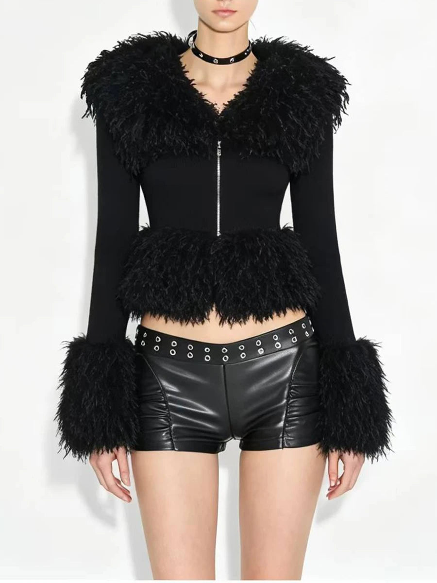 Black faux fur trimmed knit zip front top