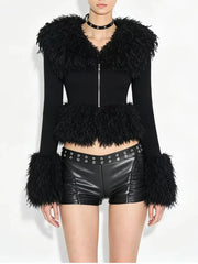 Black faux fur trimmed knit zip front top