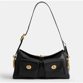Black PU leather shoulder bag with gold-tone lock closure and two front flap pockets.