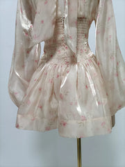 Pink Floral Puff Sleeve High Neck Scarf Mini Dress