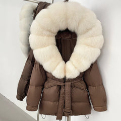 Brown puffer jacket with a large white fur collar