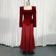 Red Velvet Square Neck 3D Flower Maxi Dress