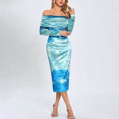 Woman wearing a blue off-shoulder dress with a gradient effect on a white background