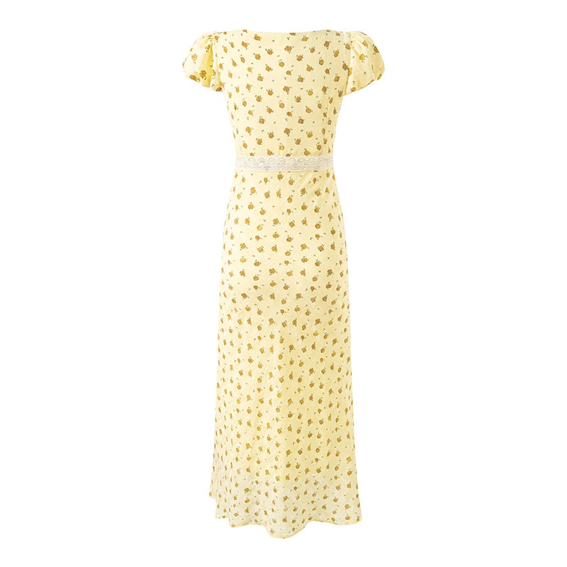 Back view of yellow floral print midi dress with square neckline and puff sleeves